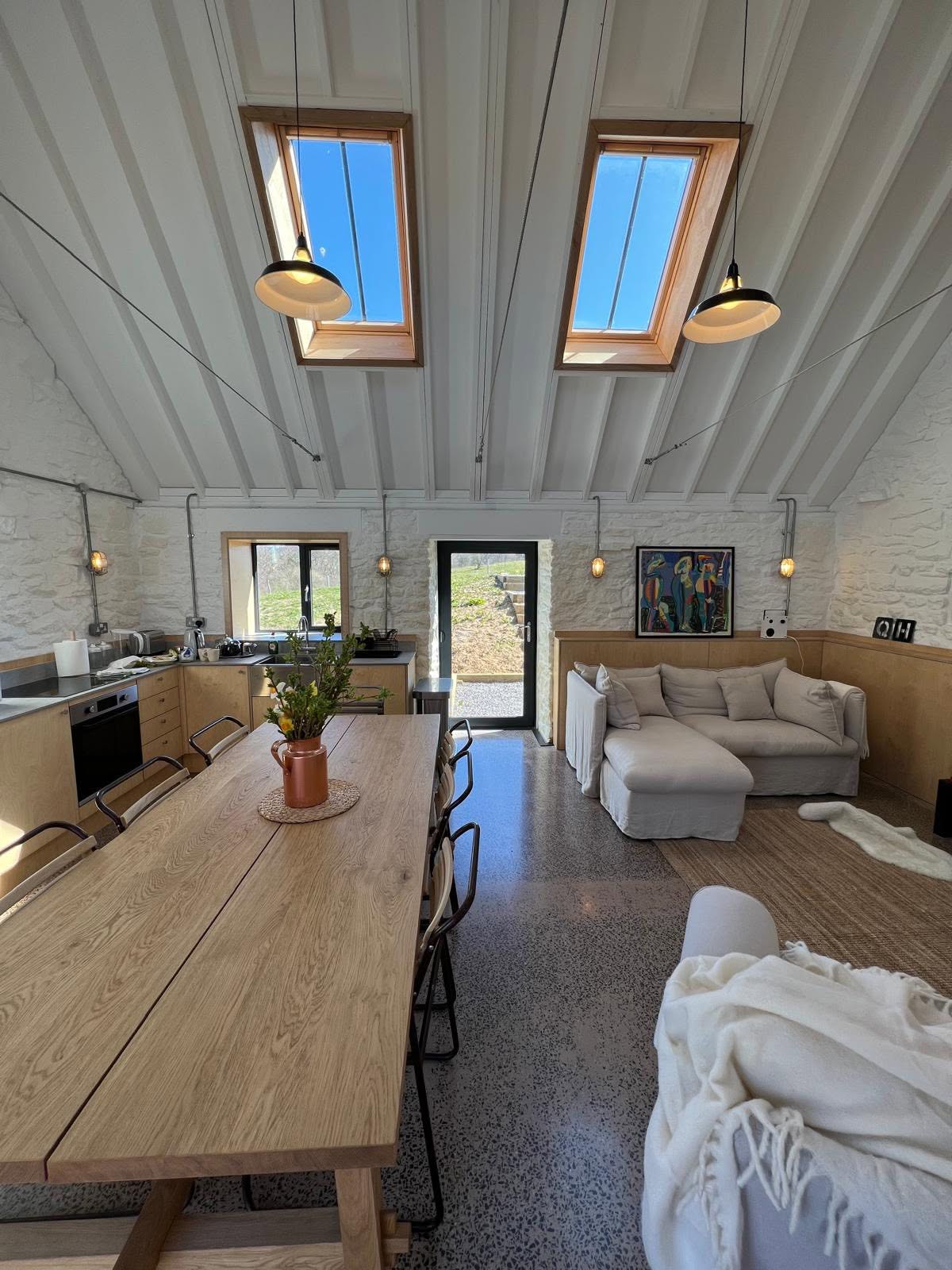Kitchen end of the living space with ply cabinetry, surface mounted conduit lighting and linen sofa